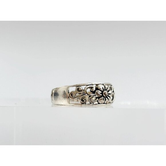 Floral Cutout Accented 925 Sterling Silver Unisex Vintage Ring - sz 9 - Picture 2 of 12